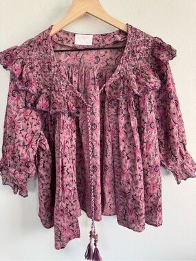 LLANI For Free People Open Front Pink Floral Boho Peasant Blouse Ruffle Top L